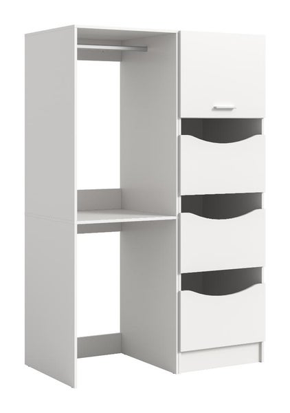 Offener Kleiderschrank mit Kleiderstange, Ablagefach und drei Schubladen aus Holzwerkstoff