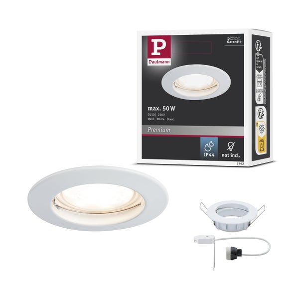 Paulmann Einbaustrahler Premium in Weiß inklusive Verpackung, GU10 Fassung, Schutzart IP44, maximal 50 Watt, ohne Leuchtmittel.