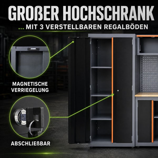 Großer Werkstatt-Hochschrank aus Metall mit drei verstellbaren Regalböden, magnetischer Verriegelung und abschließbarer Tür.