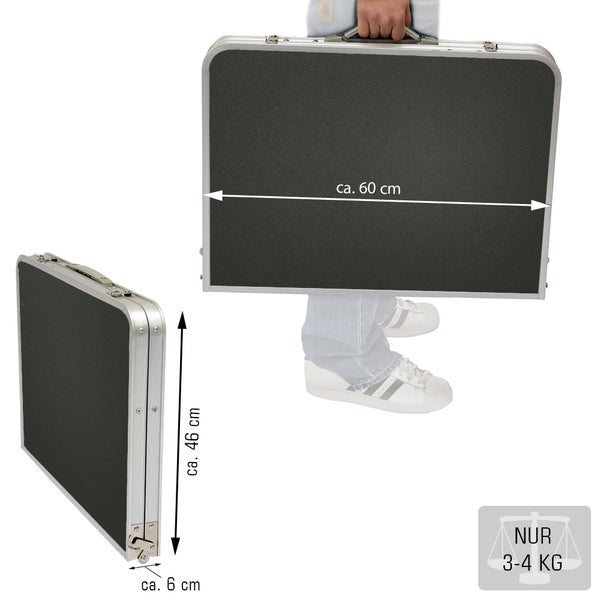 Zusammengeklappter Klapptisch mit den Maßen circa 60 cm Breite, circa 46 cm Höhe und circa 6 cm Tiefe
