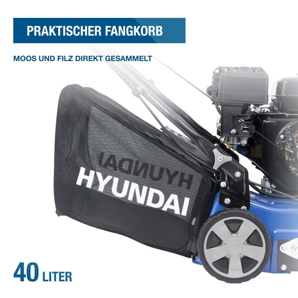 Fangkorb für Vertikutierer mit 40 Liter Fassungsvermögen und Hyundai Logo für die Aufnahme von Moos und Filz.