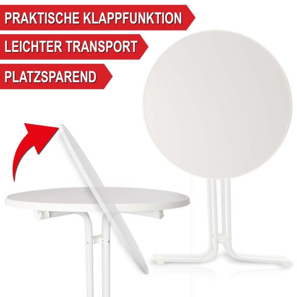 Runder Klapptisch in Weiß mit praktischer Klappfunktion für platzsparende Aufbewahrung und leichten Transport.