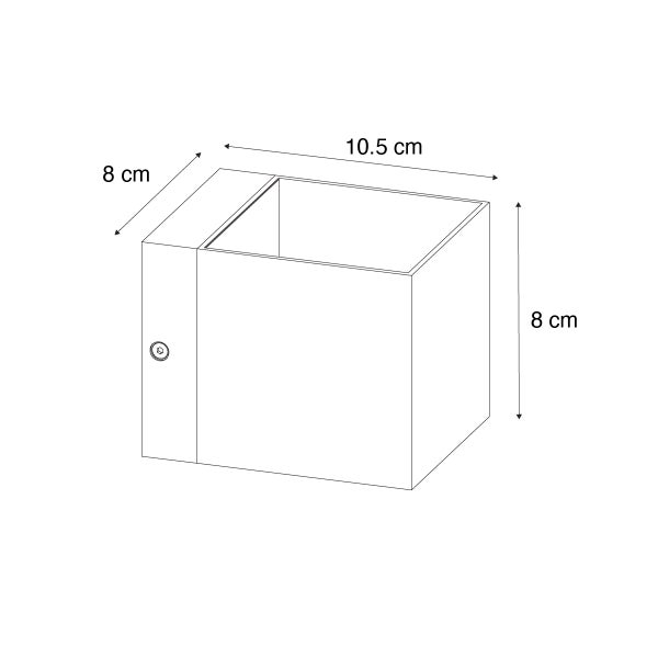 Illustration einer Wandleuchte mit den Maßen 8 cm x 10,5 cm x 8 cm.