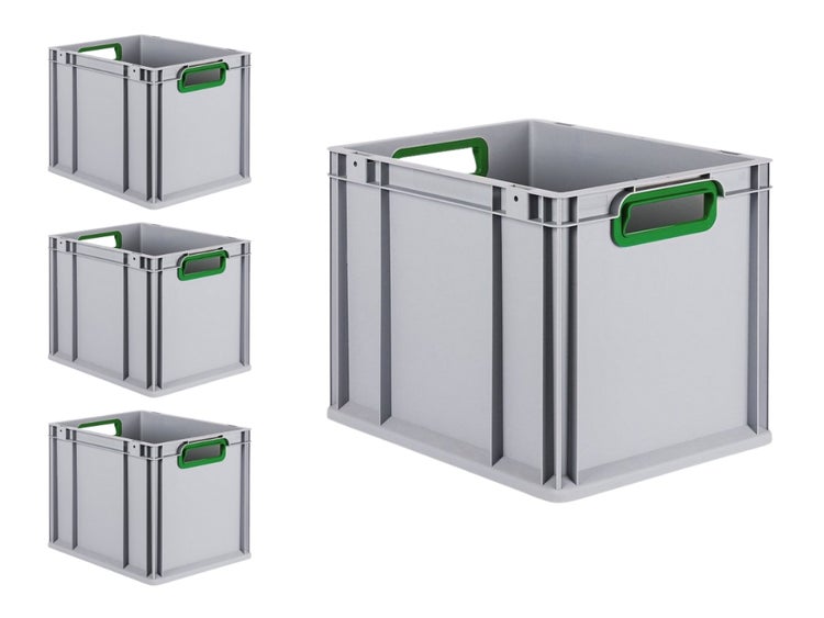 PROREGAL Spar Set 4x Eurobox Nextgen Color HxBxT 32 x 30 x 40 cm 30 Liter Griffe Grün Offen Glatter Boden Eurobehälter Transportbox
