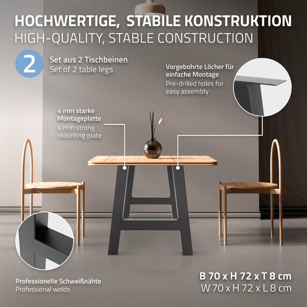 ML-Design 2er Set Tischbeine A-Form 70x72cm Anthrazit, Profil 8x8cm, pulverbeschichteter Stahl, Industriedesign, Metall Tischkufen Tischgestell Tischuntergestell Möbelfüße, für Esstisch Schreibtisch