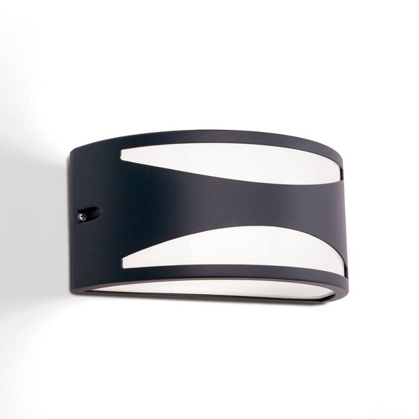 Moderne Außenwandleuchte in Schwarz mit bogenförmigen Lichtauslässen und weißem Diffusor.