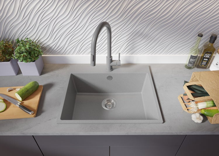 PRIMAGRAN Spülbecken Grau 58x50cm, Granitspüle 1 Becken + Ablauf-Set, Küchenspüle ab 60er Unterschrank - Riga