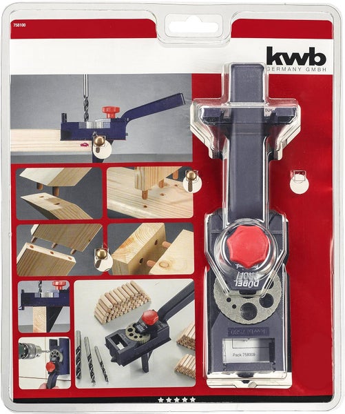kwb Dübelprofi / Dübellehre, Komplett-Set inkl. CV Holzbohrer und Holz-Dübel, Universal-Bohrhilfe für gerade Bohrungen von Ø 3 3.3, 4 4.2, 5 6 6.8, 8 10 12 mm