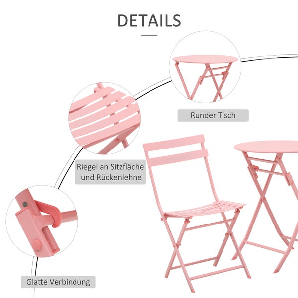 Outsunny 3-tlg. Gartenmöbel-Set, Bistrotisch mit 2 Stühlen, für Hof, Garten, klappbar, Metall, Ø60L x 71H cm, Rosa