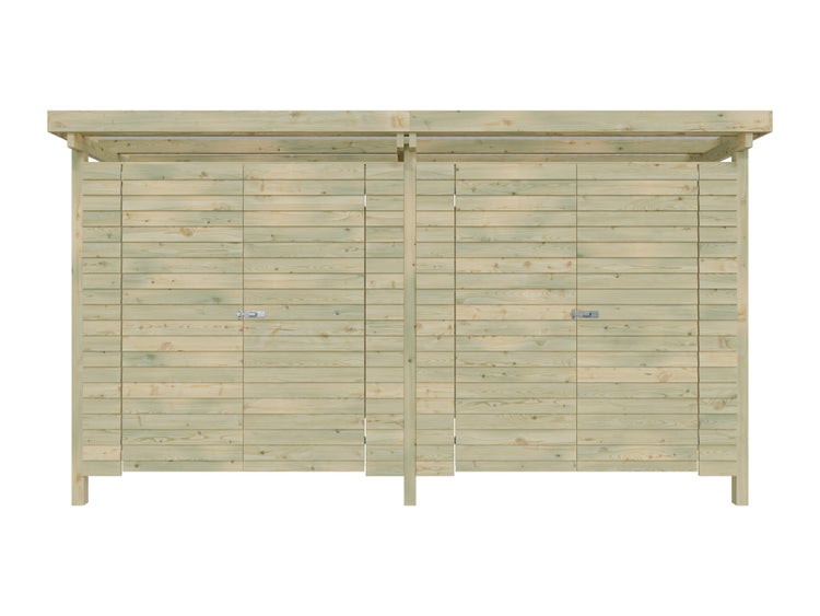 Mülltonnenbox für vier Tonnen aus Holz mit Flachdach und horizontalen Lamellen.