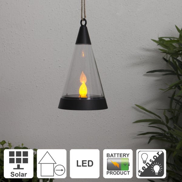 Hängende Solarlaterne mit LED Kerze und Seilaufhängung.