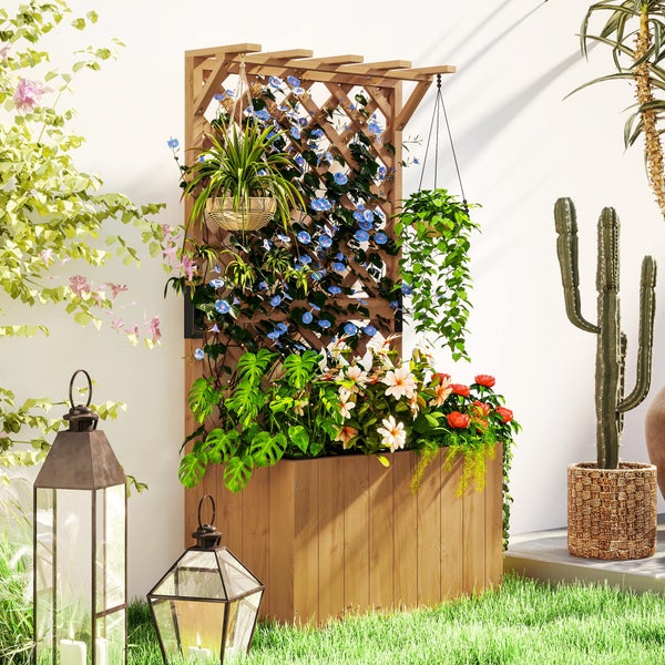Outsunny Hochbeet Pflanzkasten mit Rankgitter Dach Spalier Pflanzkübel Blumenkasten Holz, Gartenspalier 64 x 33 x 122cm für Garten Balkon Terrasse, Blumenkübel für Kletterpflanzen Korbpflanzen, Blumen