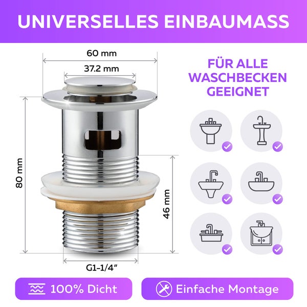 Abflussventil mit den Maßen 60 mm, 37,2 mm, 80 mm, 46 mm und G1-1/4 Zoll, geeignet für alle Waschbecken, 100 % dicht und einfache Montage