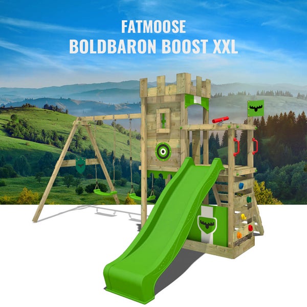 Fatmoose Spielturm Klettergerüst BoldBaron mit Doppelschaukel und Rutsche  – grün