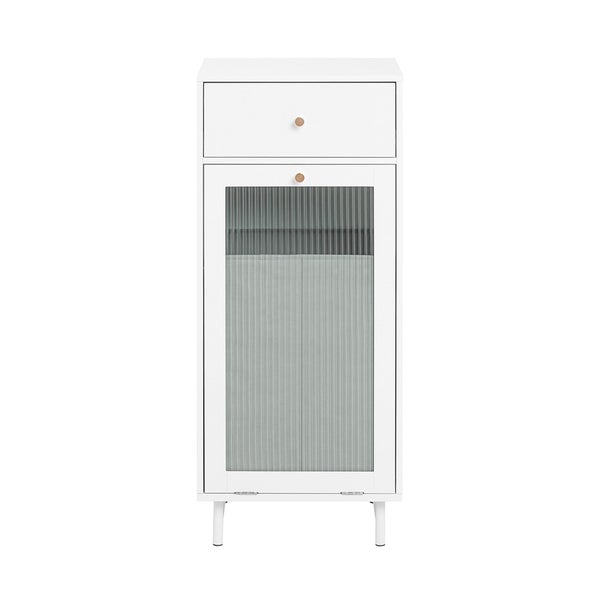 Weißer Badezimmerschrank mit Schublade und geriffelter Glastür