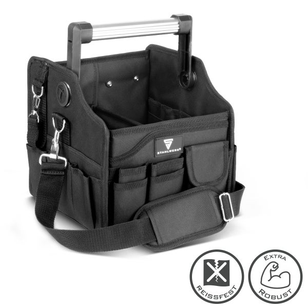 Stahlwerk Werkzeugtasche offen mit Tragegriff Schultergurt und vielen Außentaschen für Werkzeugaufbewahrung mit Symbolen für reißfest und robust