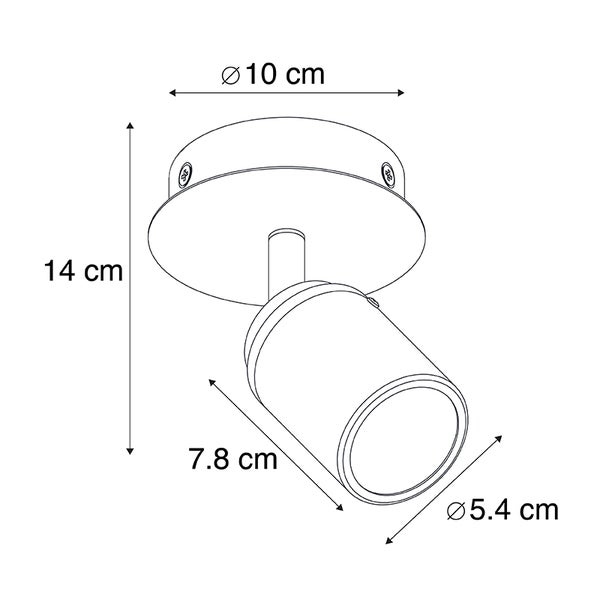 Technische Zeichnung eines Strahlers mit den Maßen 14 cm Höhe, 10 cm Durchmesser des Baldachins, 7,8 cm Länge des Strahlers und 5,4 cm Durchmesser der Öffnung.