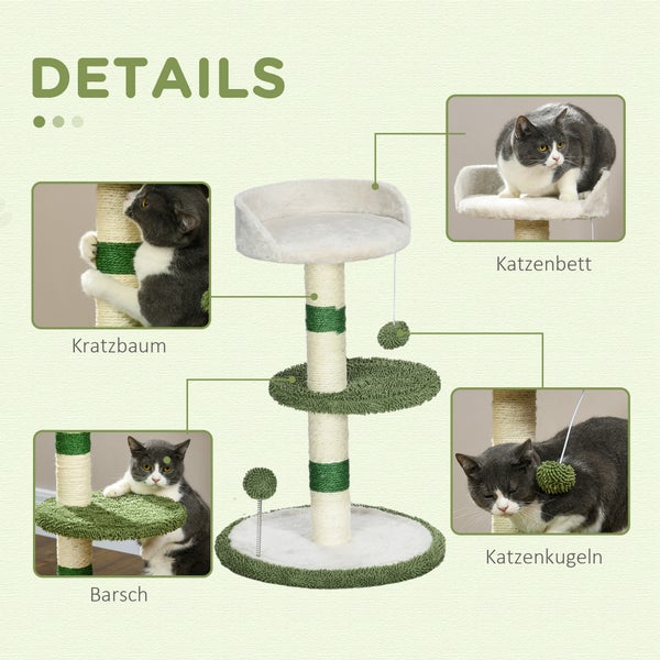 PawHut Kratzbaum Klein Kletterbaum, 64 cm Sisal- Katzenkratzbaum, Runder Katzenbaum mit Liegefläche, Spielball, Katzenmöbel für Katzen bis zu 4 kg, Weiß, Grün