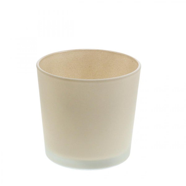 Cremefarbener Übertopf aus Glas in zylindrischer Form mit matter Oberfläche.