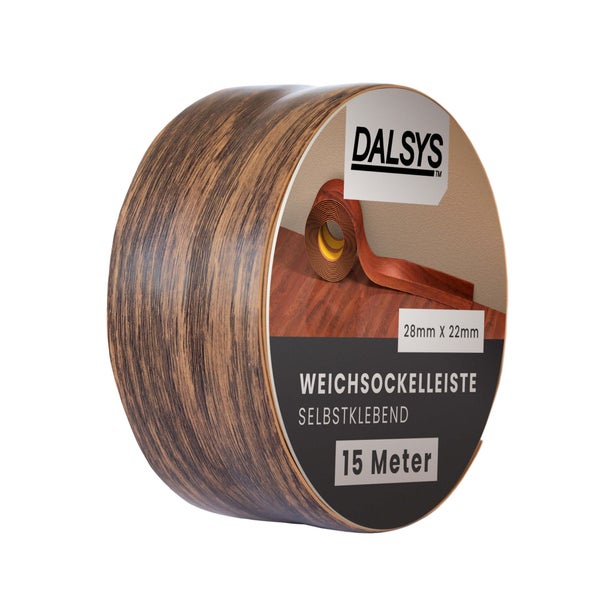 Dalsys Weichsockelleiste selbstklebend, Holzoptik, 15 Meter Rolle, 28 mal 22 Millimeter.