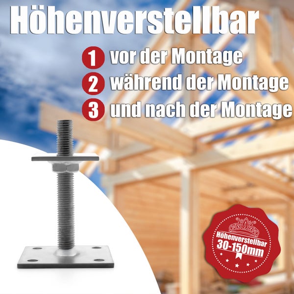 Höhenverstellbarer Pfostenträger aus Metall mit quadratischer Bodenplatte, verstellbar von 30 bis 150 Millimeter für den Holzbau.