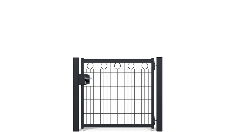 Zauntür ZAUNGURU BASIC-Linie Berlin Kreis aus Metall, Höhe: 103cm, Breite: 123cm, 1-flügelig inkl. Pfosten, Schloss und Zubehör, Feuerverzinkt und zusätzlich in RAL 7016 Anthrazitgrau pulverbeschichtet