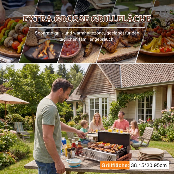 Kompakter Tischgrill in einem Garten mit Fleisch und Gemüse. Im Hintergrund sitzt eine Familie an einem Tisch vor einem Haus.
