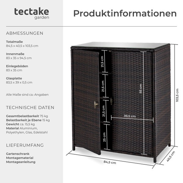 tectake garden Logo. Gartenschrank aus Polyrattan mit Glasplatte, 84,5 mal 40,5 mal 103,5 Zentimeter, Details zu Maßen, Material und Belastbarkeit.