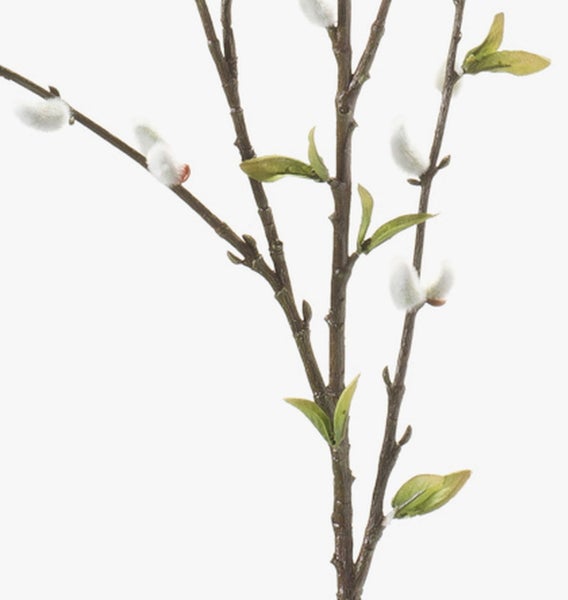 Künstlicher Weidenzweig mit Weidenkätzchen und kleinen grünen Blättern.