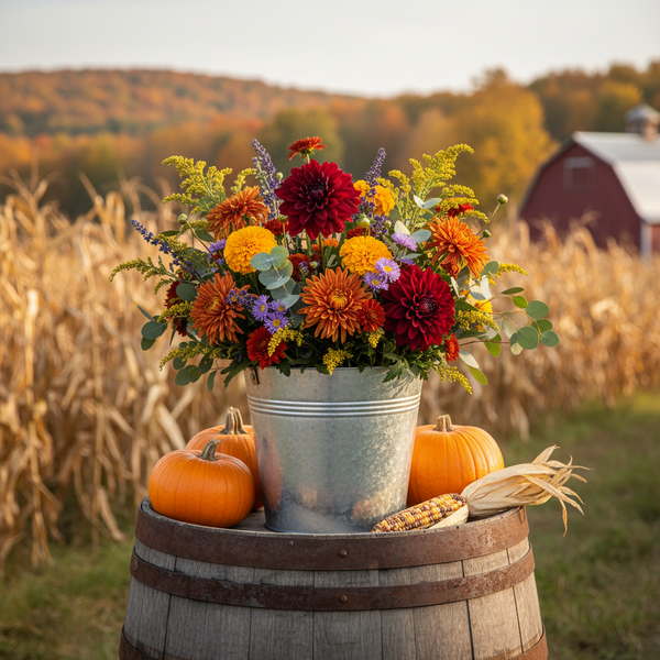 Herbstlicher Blumenstrauß im Zinkeimer auf einem Holzfass mit Kürbissen, vor einer ländlichen Hoflandschaft.