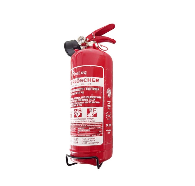 Roter Schaumlöscher FireLoq mit Manometer und Halterung für Brandklassen A, B und F.
