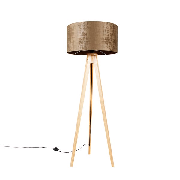 QAZQA - Modern Stehlampe Holz mit Stoffschirm braun 50 cm - Tripod I Dreifuß Lampe I Dreifuss Classic I Wohnzimmer I Schlafzimmer - Textil Rund - LED geeignet E27