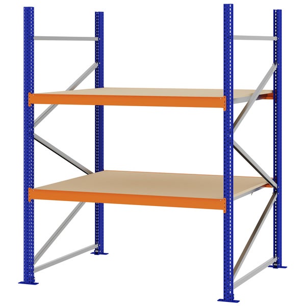 Weitspannregal mit zwei Ebenen aus Holz, blauen Metallpfosten und orangefarbenen Traversen.