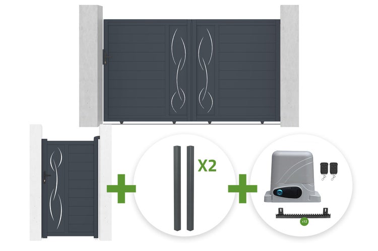 Set bestehend aus Doppeltor, Einzeltor, zwei Pfosten und elektrischem Torantrieb mit zwei Fernbedienungen und zwölf Zahnstangen.