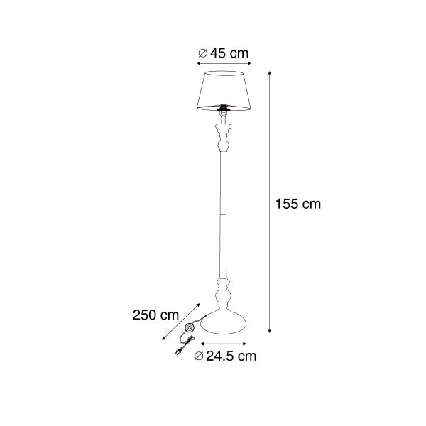 Abmessungen einer Stehlampe: 155 cm hoch, Schirmdurchmesser 45 cm, Fussdurchmesser 24,5 cm, Kabellänge 250 cm