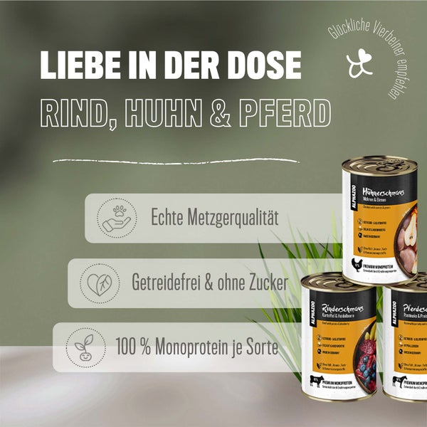 ALPHAZOO Probierschmaus Nassfutter 6 x 400g für Hunde I Rind, Huhn und Pferd Probierpaket