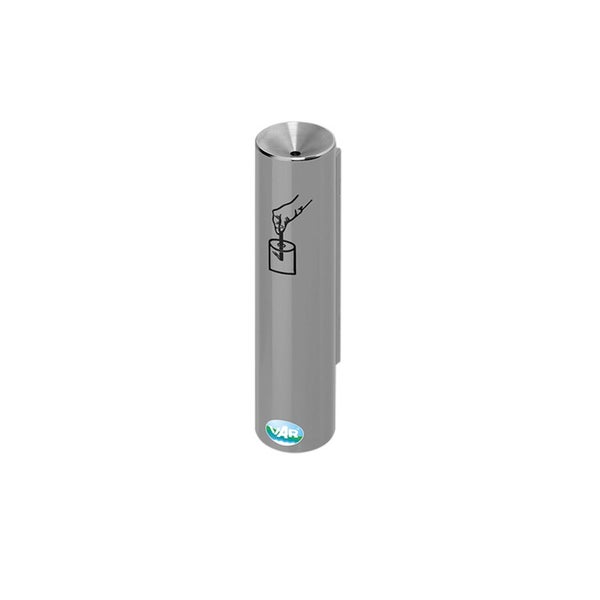 Zylindrischer Wandaschenbecher aus Edelstahl mit Trichteraufsatz, Symbol für Zigarettenentsorgung und VAR Logo.