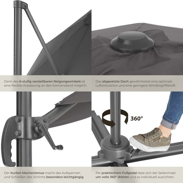 Details eines Sonnenschirms mit verstellbarem Neigungswinkel, Dachlüftung, Kurbelmechanismus und Fußpedal zur 360 Grad Drehung