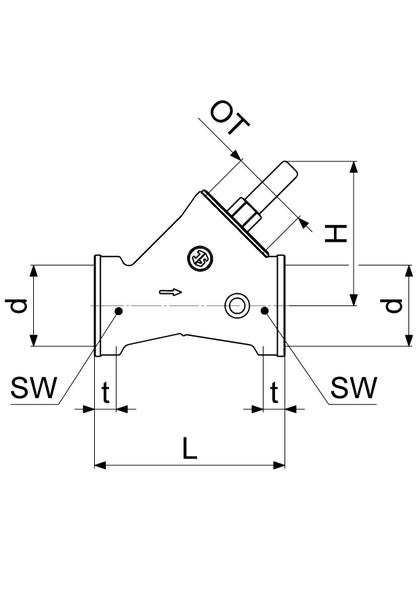 Technische Zeichnung eines Schrägsitzventils mit Maßangaben für Durchmesser, Höhe, Länge und Schlüsselweite.