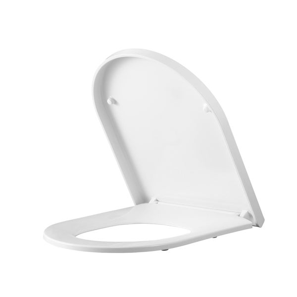 Weißer WC-Sitz mit offenem Deckel in ovaler Form.