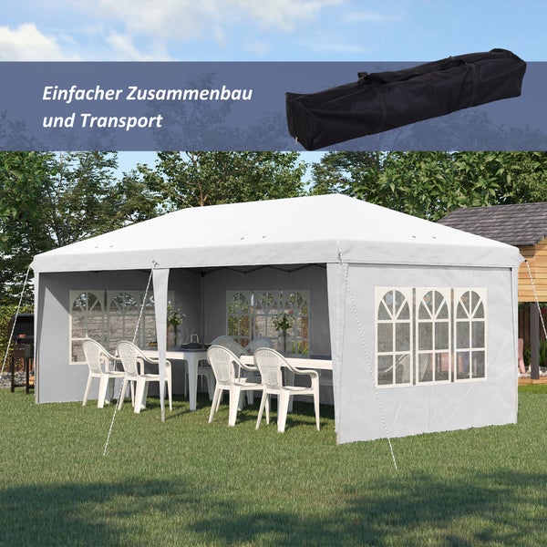 Outsunny Pavillon ca. 3x6m Wasserdicht Pop-up Faltpavillon mit UV-Schutz, Fenster, Partyzelt mit 4 Seitenwänden, Oxford Gartenpavillon inkl. Tragetasche Gartenzelt für Balkon, Terrasse, Weiß