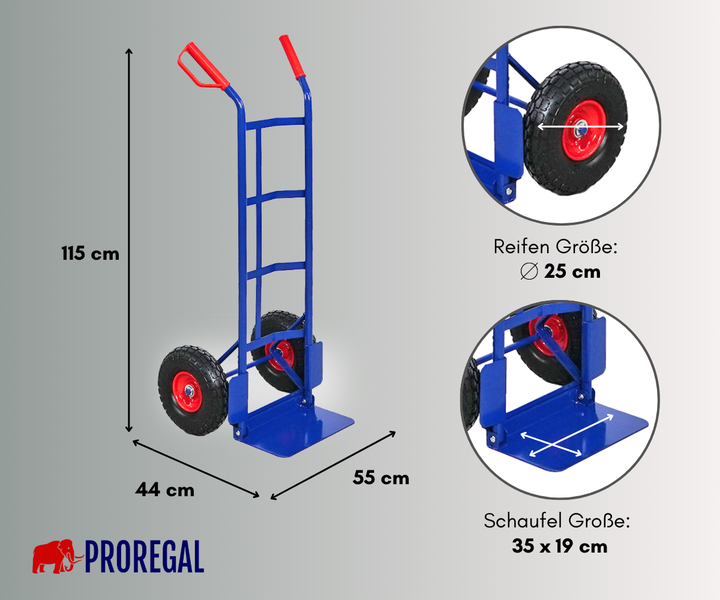 Sackkarre mit Maßen: 115 mal 44 mal 55 Zentimeter. Schaufel 35 mal 19 Zentimeter. Reifendurchmesser 25 Zentimeter. PROREGAL Logo.