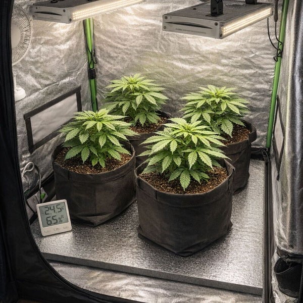 Vier Pflanzen in schwarzen Stofftöpfen in einem Growzelt mit zwei LED-Pflanzenlampen, einem Thermometer und einem kleinen Ventilator.