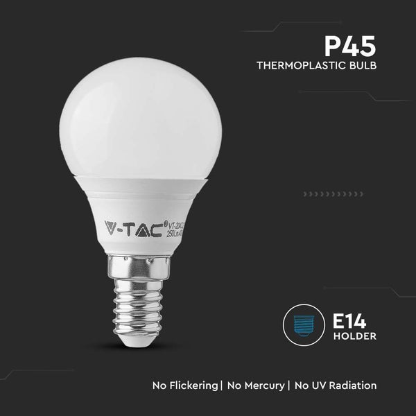 V-TAC P45 LED-Lampe aus Thermoplast mit E14-Sockel, flackerfrei, quecksilberfrei und ohne UV-Strahlung.