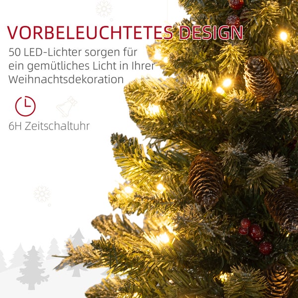 HOMCOM Künstlicher Weihnachtsbaum, 0,6 m Christbaum mit Tannenzapfen 86 Astspitzen mit 50 warmweißen LED, für Weihnachtsfest, Indoor, Grün+Weiß