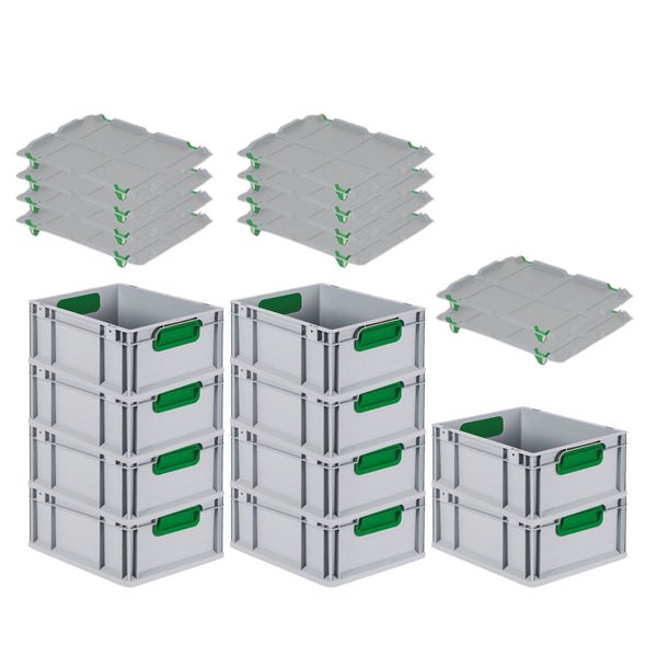 PROREGAL Spar Set 10x Eurobox Nextgen Color Mit Auflagedeckel & Schiebeschnappverschlüsse HxBxT 17 x 30 x 40 cm Griffe Grün Geschlossen Glatter Boden