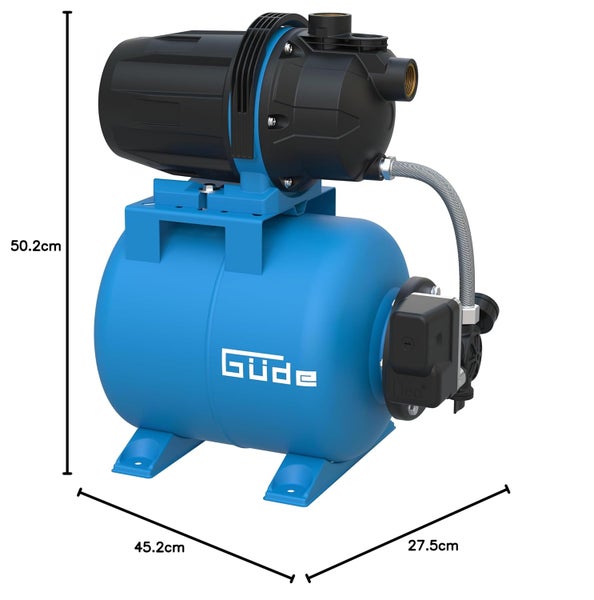 Güde Hauswasserwerk mit Druckkessel zur Wasserversorgung mit Maßen 50,2 Zentimeter Höhe, 45,2 Zentimeter Breite und 27,5 Zentimeter Tiefe.