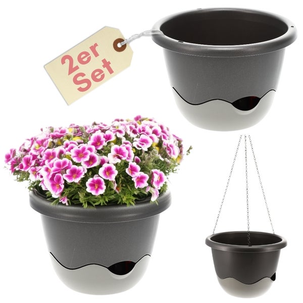 Zweier-Set runde Blumenampeln aus Kunststoff mit integriertem Wasserspeicher und Kettenaufhängung.