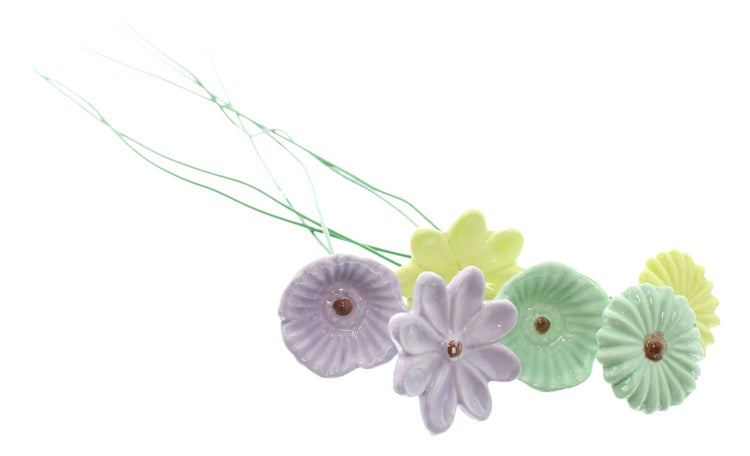 FRANK FLECHTWAREN|Blumenstecker Pastellblüten, 6er Set, 3 x 3 x 2 cm, GH: 30 cm, PORZELLAN, METALL