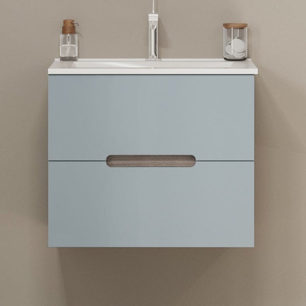 Badmöbel-Set in 2 Faben, Frontfarbe in matt Hellblau, Korpusfarbe Holzoptik Eiche Natur | Magnolia